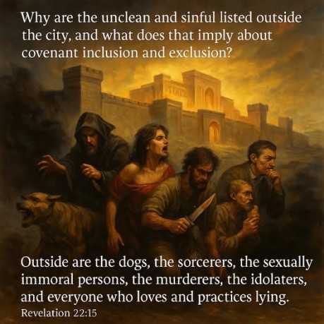 poster Revelation 22:15  - Why are the unclean and sinful listed outside the city, and what does that imply about covenant inclusion and exclusion? (Revelation 22:15) 