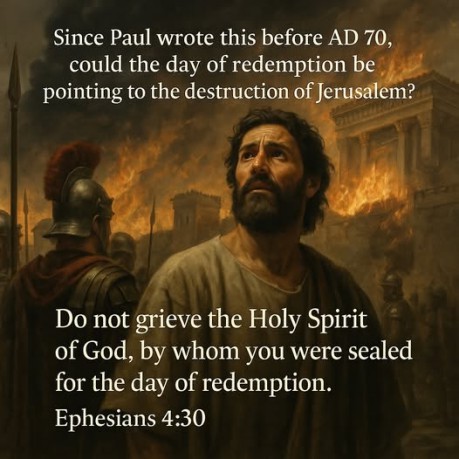 poster SINCE PAUL WROTE THIS BEFORE AD 70, COULD THE DAY OF REDEMPTION BE POINTING TO THE DESTRUCTION OF JERUSALEM? (EPHESIANS 4:30)