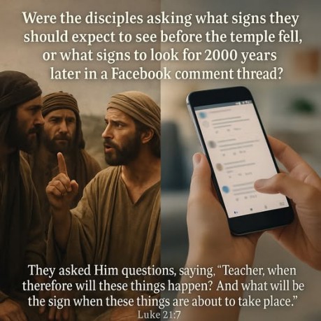 poster Audience - Were the disciples asking what signs they should expect to see before the temple fell, or what signs to look for 2000 years later in a Facebook comment thread? (Luke 21:7)